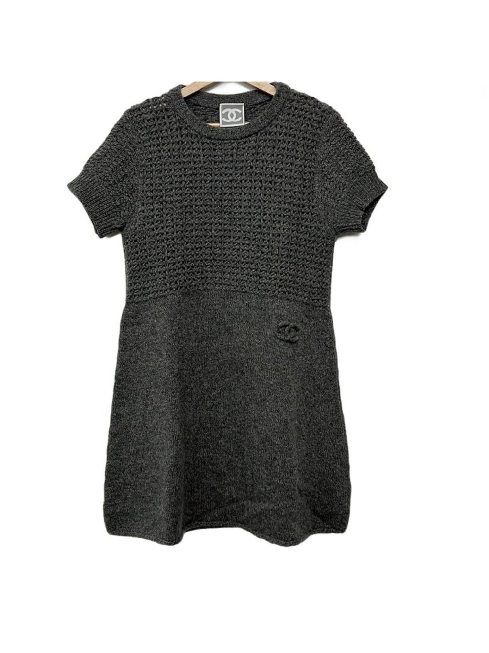 Chanel Dress L Dark Gray Crew Neck Short Sleeve Knee-length Knit